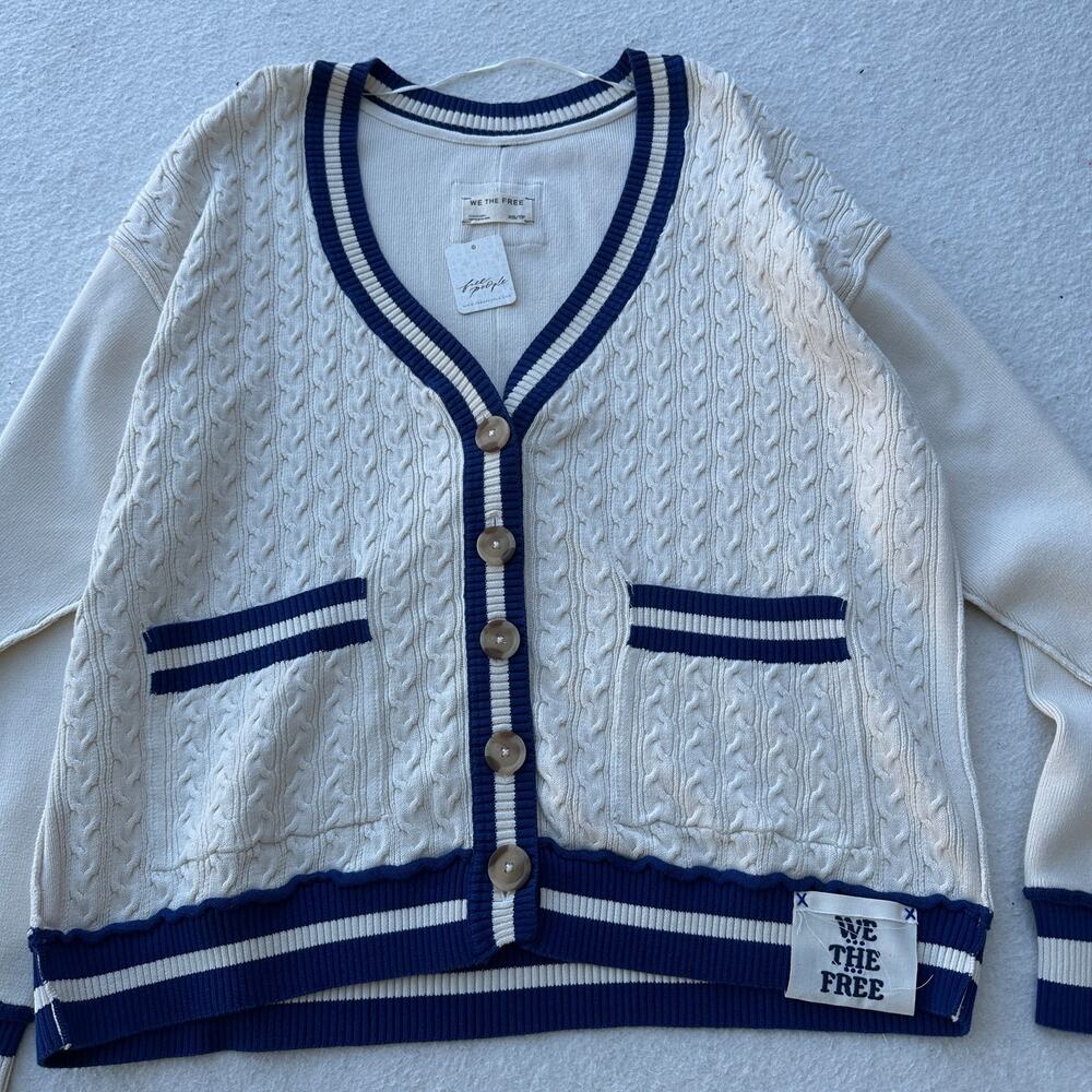 Free People We The Free Varsity Cardigan Women's XS Ecru Blue Slouchy Cable Knit - Picture 4 of 9
